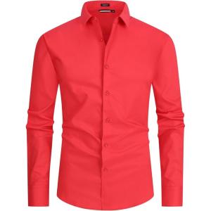 Alex Vando Mens Dress Shirt Easy Care Slim Fit Long Sleeve Cotton Stretch Button Down Shirt(Red)