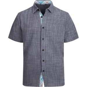 Alex Vando Mens Dress Shirts 4-Way Stretch Wrinkle Free Regular Fit Short Sleeve Men Button Down Shirt(Linen/Cotton Black)