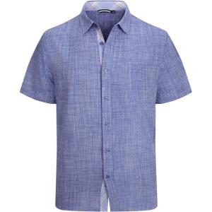 Alex Vando Mens Dress Shirts 4-Way Stretch Wrinkle Free Regular Fit Short Sleeve Men Button Down Shirt(Linen/Cotton Dk Blue)