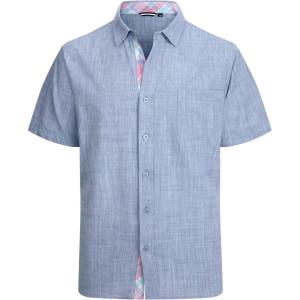 Alex Vando Mens Dress Shirts 4-Way Stretch Wrinkle Free Regular Fit Short Sleeve Men Button Down Shirt(Linen/Cotton Lt Blue)