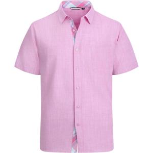 Alex Vando Mens Dress Shirts 4-Way Stretch Wrinkle Free Regular Fit Short Sleeve Men Button Down Shirt(Linen/Cotton Pink)