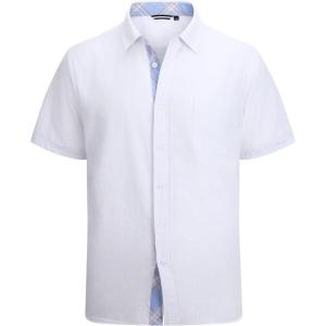 Alex Vando Mens Dress Shirts 4-Way Stretch Wrinkle Free Regular Fit Short Sleeve Men Button Down Shirt(Linen/Cotton White)