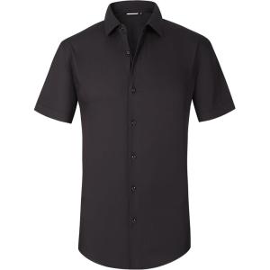 Alex Vando Mens Dress Shirts 4-Way Stretch Wrinkle Free Regular Fit Short Sleeve Men Button Down Shirt(Rayon Black)