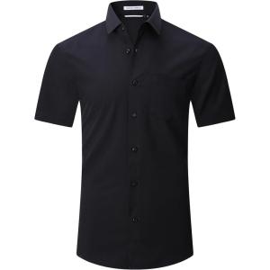 Alex Vando Mens Dress Shirts 4-Way Stretch Wrinkle Free Regular Fit Short Sleeve Men Button Down Shirt(Solid Black)