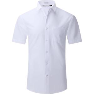 Alex Vando Mens Dress Shirts 4-Way Stretch Wrinkle Free Regular Fit Short Sleeve Men Button Down Shirt(Solid White)