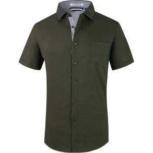 Alex Vando Mens Dress Shirts 4-Way Stretch Wrinkle Free Regular Fit Short Sleeve Men Button Down Shirt(Solid-02-army Green)