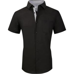 Alex Vando Mens Dress Shirts 4-Way Stretch Wrinkle Free Regular Fit Short Sleeve Men Button Down Shirt(Solid-02-black)