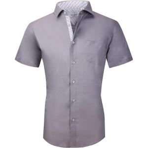 Alex Vando Mens Dress Shirts 4-Way Stretch Wrinkle Free Regular Fit Short Sleeve Men Button Down Shirt(Solid-02-gray)
