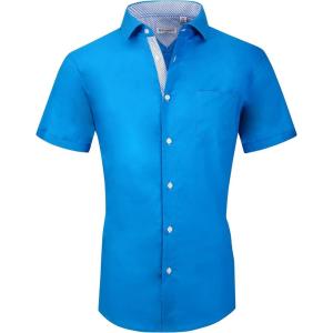 Alex Vando Mens Dress Shirts 4-Way Stretch Wrinkle Free Regular Fit Short Sleeve Men Button Down Shirt(Solid-02-turquoise)