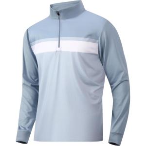 Alex Vando Mens Golf Shirts Long Sleeve Mock Neck Color Block Zipper Polo Shirt for Men(Dusty Blue)