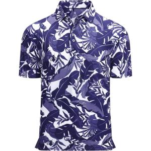 Alex Vando Mens Hawaiian Golf Shirt Moisture Wicking Digital Print Golf Shirts for Men(White With Navy Leaf)