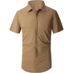 Alex Vando Mens Knitted Dress Shirts 8-Way Stretch Easy Care Solid Short Sleeve Shirt for Men(62 Brown)