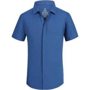 Alex Vando Mens Knitted Dress Shirts 8-Way Stretch Easy Care Solid Short Sleeve Shirt for Men(62 Royal)