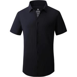 Alex Vando Mens Knitted Dress Shirts 8-Way Stretch Easy Care Solid Short Sleeve Shirt for Men(Black)