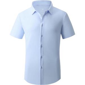 Alex Vando Mens Knitted Dress Shirts 8-Way Stretch Easy Care Solid Short Sleeve Shirt for Men(Blue)