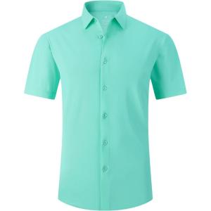Alex Vando Mens Knitted Dress Shirts 8-Way Stretch Easy Care Solid Short Sleeve Shirt for Men(Green)