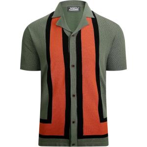 Alex Vando Mens Knitted Dress Shirts 8-Way Stretch Easy Care Solid Short Sleeve Shirt for Men(Green/Red)