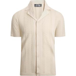 Alex Vando Mens Knitted Dress Shirts 8-Way Stretch Easy Care Solid Short Sleeve Shirt for Men(Herringbone Apricot)