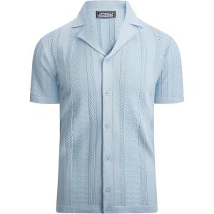 Alex Vando Mens Knitted Dress Shirts 8-Way Stretch Easy Care Solid Short Sleeve Shirt for Men(Herringbone Blue)