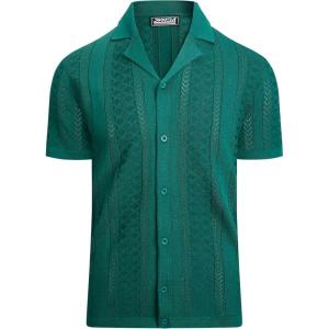 Alex Vando Mens Knitted Dress Shirts 8-Way Stretch Easy Care Solid Short Sleeve Shirt for Men(Herringbone Green)