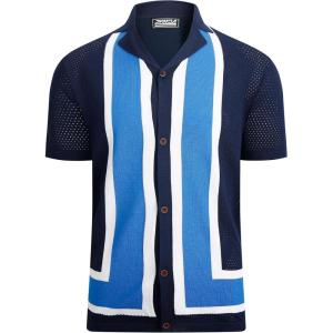 Alex Vando Mens Knitted Dress Shirts 8-Way Stretch Easy Care Solid Short Sleeve Shirt for Men(Navy-blue)