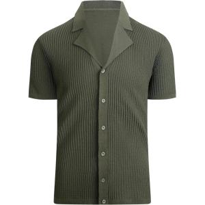 Alex Vando Mens Knitted Dress Shirts 8-Way Stretch Easy Care Solid Short Sleeve Shirt for Men(Stripe Army)