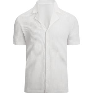 Alex Vando Mens Knitted Dress Shirts 8-Way Stretch Easy Care Solid Short Sleeve Shirt for Men(Stripe White)