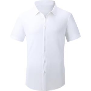 Alex Vando Mens Knitted Dress Shirts 8-Way Stretch Easy Care Solid Short Sleeve Shirt for Men(White)