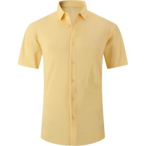 Alex Vando Mens Knitted Dress Shirts 8-Way Stretch Easy Care Solid Short Sleeve Shirt for Men(Yellow)