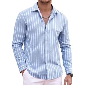 Alex Vando Mens Linen Long Sleeve Casual Button Down Shirt for Men Beach Wedding Shirts(Blue)