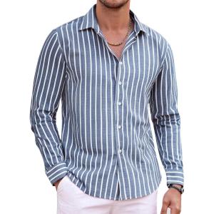 Alex Vando Mens Linen Long Sleeve Casual Button Down Shirt for Men Beach Wedding Shirts(Darkblue)