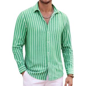 Alex Vando Mens Linen Long Sleeve Casual Button Down Shirt for Men Beach Wedding Shirts(Green)