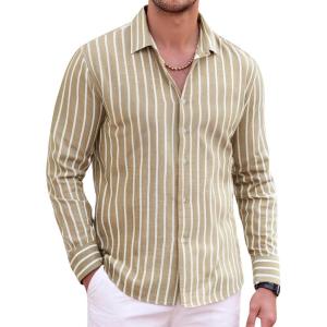 Alex Vando Mens Linen Long Sleeve Casual Button Down Shirt for Men Beach Wedding Shirts(Khaki)