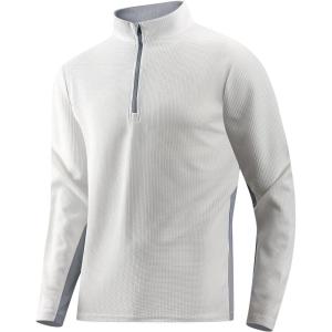 Alex Vando Mens Long Sleeve Zipper Golf Shirts Color Block Texture Polo Shirt for Men(White)