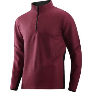 Alex Vando Mens Long Sleeve Zipper Golf Shirts Color Block Texture Polo Shirt for Men(Wine)