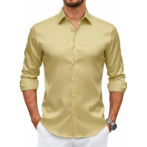 Alex Vando Mens Luxury Satin Dress Shirt Long Sleeve Silk Shiny Sateen Party Shirt(Gold)