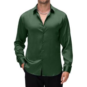Alex Vando Mens Luxury Satin Dress Shirt Long Sleeve Silk Shiny Sateen Party Shirt(Green)