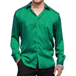 Alex Vando Mens Luxury Satin Dress Shirt Long Sleeve Silk Shiny Sateen Party Shirt(Green Paisley)