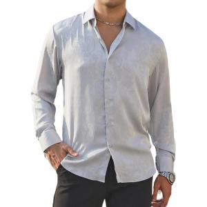 Alex Vando Mens Luxury Satin Dress Shirt Long Sleeve Silk Shiny Sateen Party Shirt(Grey Paisley)