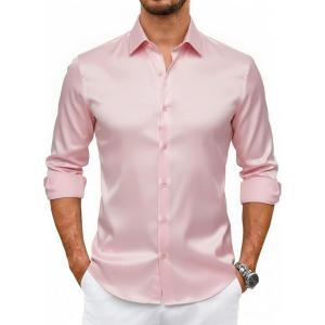Alex Vando Mens Luxury Satin Dress Shirt Long Sleeve Silk Shiny Sateen Party Shirt(Pink)
