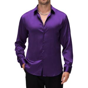 Alex Vando Mens Luxury Satin Dress Shirt Long Sleeve Silk Shiny Sateen Party Shirt(Purple)
