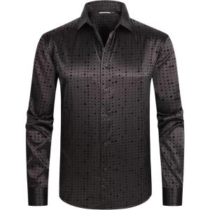 Alex Vando Mens Luxury Satin Dress Shirt Long Sleeve Silk Shiny Sateen Party Shirt(Square Black)