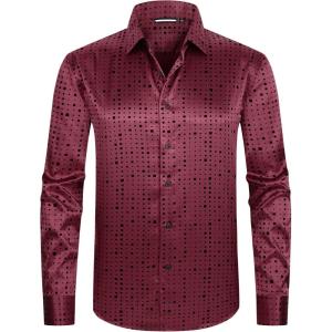Alex Vando Mens Luxury Satin Dress Shirt Long Sleeve Silk Shiny Sateen Party Shirt(Square Burgundy)
