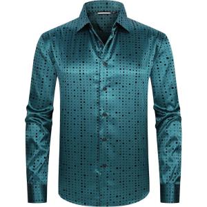 Alex Vando Mens Luxury Satin Dress Shirt Long Sleeve Silk Shiny Sateen Party Shirt(Square Green)