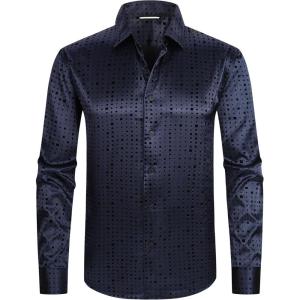 Alex Vando Mens Luxury Satin Dress Shirt Long Sleeve Silk Shiny Sateen Party Shirt(Square Navy)