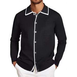 Alex Vando Mens Retro Cardigan Shirts Long Sleeve Two Pockets Knit Casual Button Down Shirts for Men(Black)
