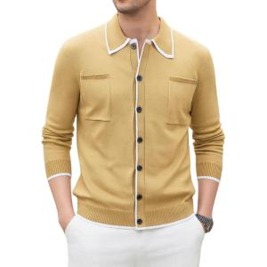 Alex Vando Mens Retro Cardigan Shirts Long Sleeve Two Pockets Knit Casual Button Down Shirts for Men(Camel)