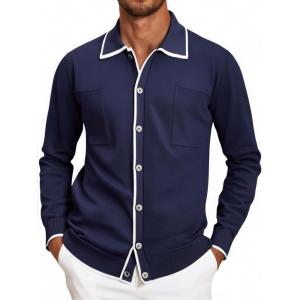 Alex Vando Mens Retro Cardigan Shirts Long Sleeve Two Pockets Knit Casual Button Down Shirts for Men(Royal)