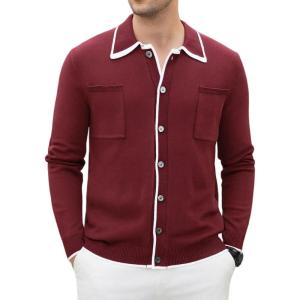 Alex Vando Mens Retro Cardigan Shirts Long Sleeve Two Pockets Knit Casual Button Down Shirts for Men(Wine)