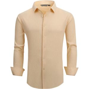 Alex Vando Mens Seersucker Dress Shirts Striped Business Casual Cotton Shirts for Men(Beige)